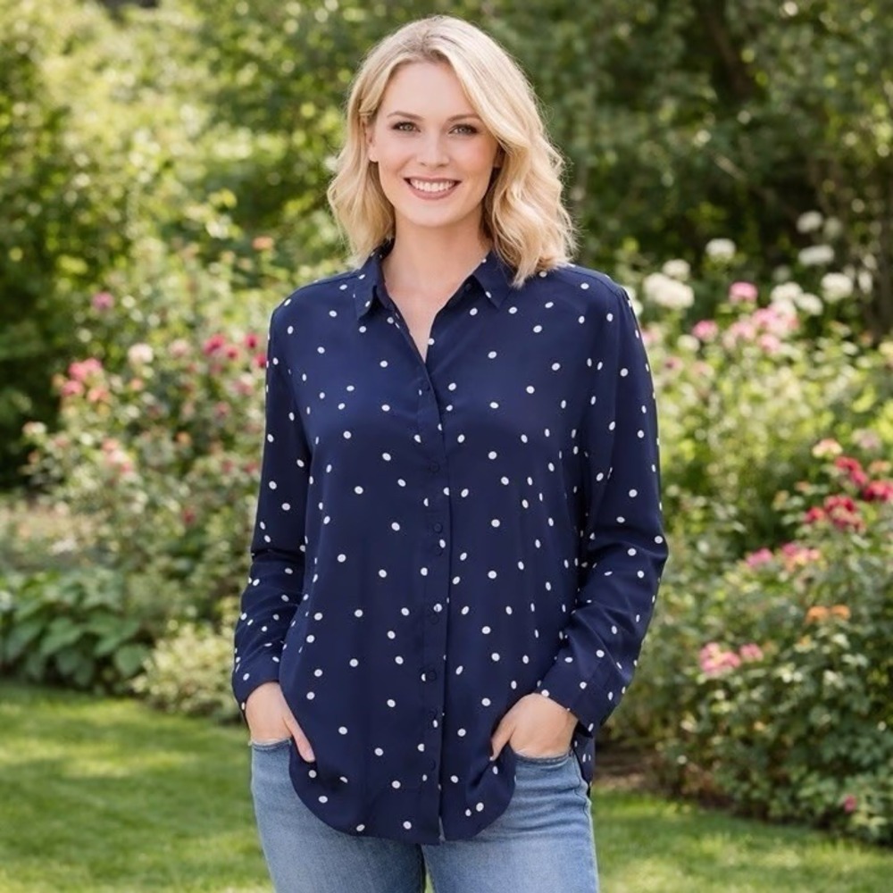 Lola River Button Up Shirt Blouse Womens Sz L Navy Blue Polka‎ Dot Long Sleeve